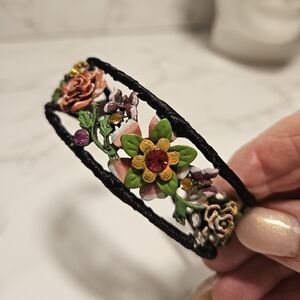 Vintage Floral Cuff Bracelet Pastels And Rhinestones